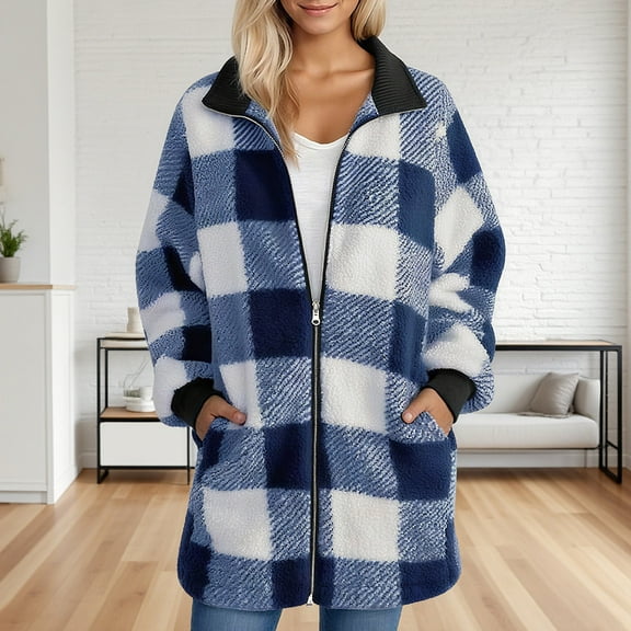 LSLJS Jackets for women Winter Warm Plus Size Fleece Jackets Casual Loose Plaid Printed Coats with Side Pockets Fall Winter Outfits, S-3XL
