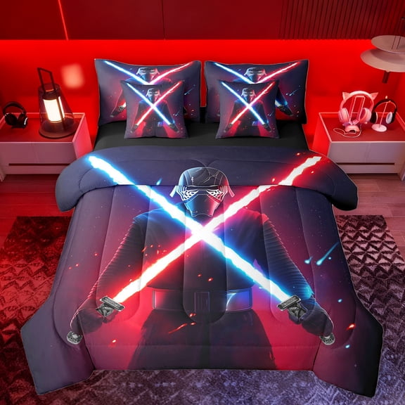 jejeloiu Modern Cool Lightsaber 7-Piece Twin Bedding Sets,Cartoon Light Sword Bedding Comforter Set,Neon Red Blue Sheet Sets For Boys Kids,Breathable Home Decor Reversible