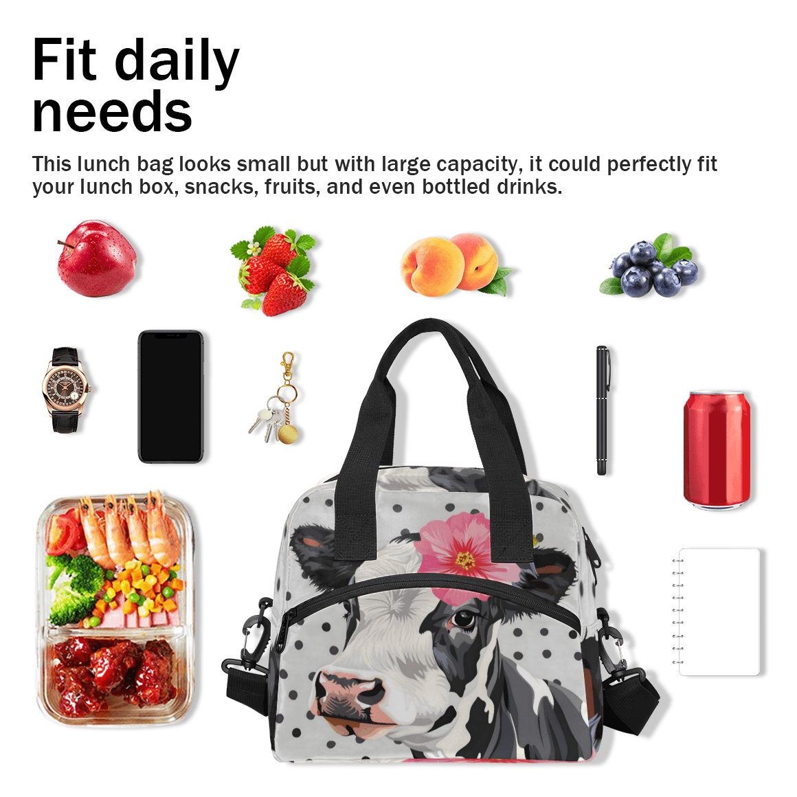Herdesigns Cute Floral Cow Insulated Lunch Bag for Women Men Adults Large Reusable Lunch Box Leakproof Portable Cooler Tote Bags with Adjustable Shoulder Strap