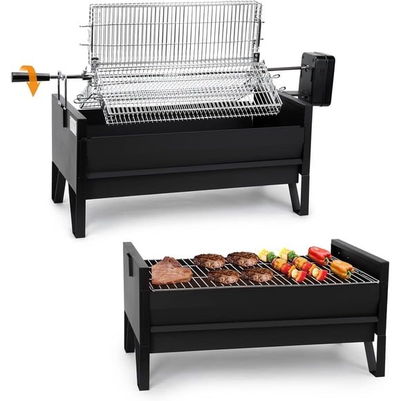 2 in 1 Charcoal BBQ Grill Rotisserie Kit with 3 Rotating Baskets and 24" Cooking Grate, Auto Swivel BBQ Stove for Patio Backyard Camping RV Tailgating, Tabletop Barbecue Grill, GS304