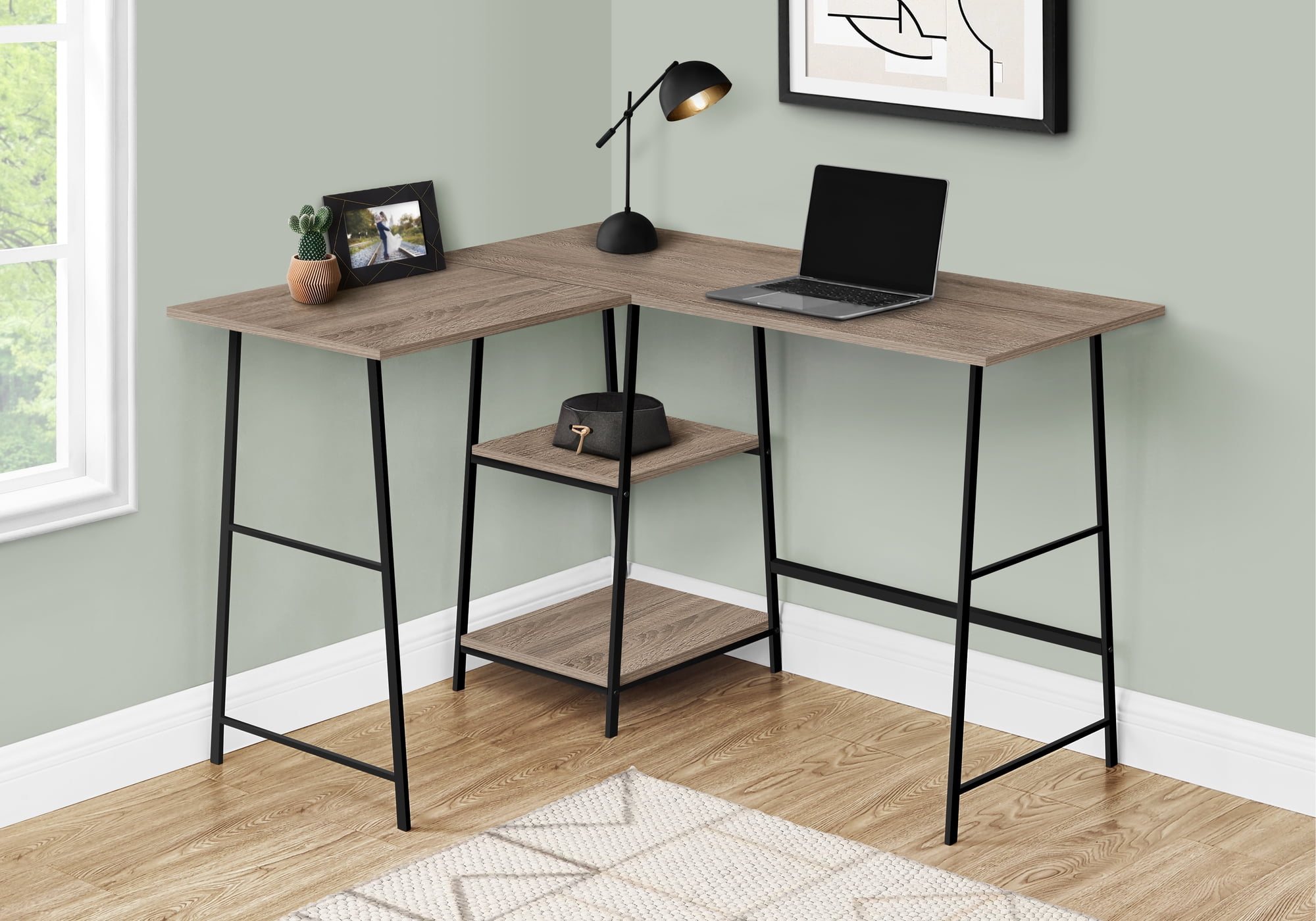 48 Inch L Shaped Dark Taupe Computer Desk with Black Sawhorse Legs and Shelves