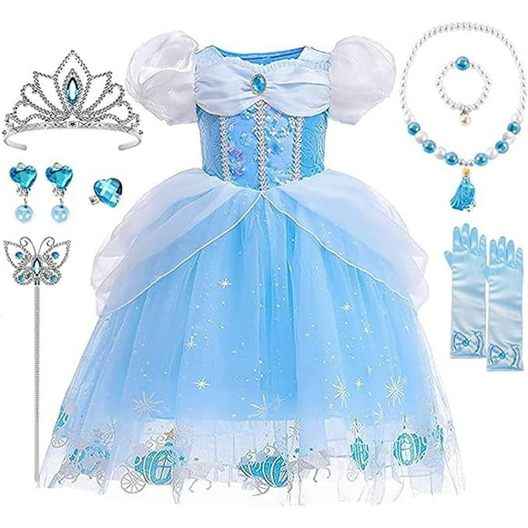 YANSION Disfraz Princesa Niña, Disfraz Cenicienta Niña con Conjuntos de Collar de Corona Princesa, Vestido Princesa Niña, Vestido Cenicienta Elegante para Fiesta Cosplay Cumpleaños 2-11 Años