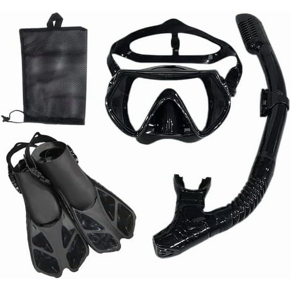 Mask, fins, snorkel set, including adult snorkeling equipment, panoramic diving mask, Trek fins, dry snorkel   travel bag