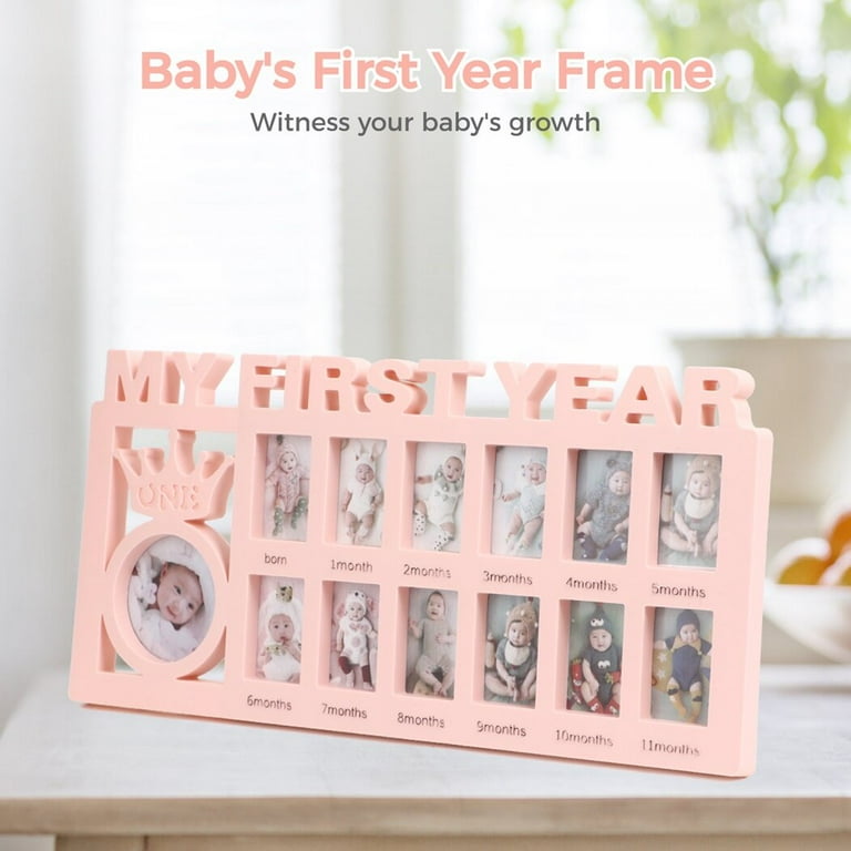 Newborn Baby Picture Frame, My First Year Newborn Keepsake Frame 12 Months,  Baby Shower Gift Photo Frame for Memories, Pink