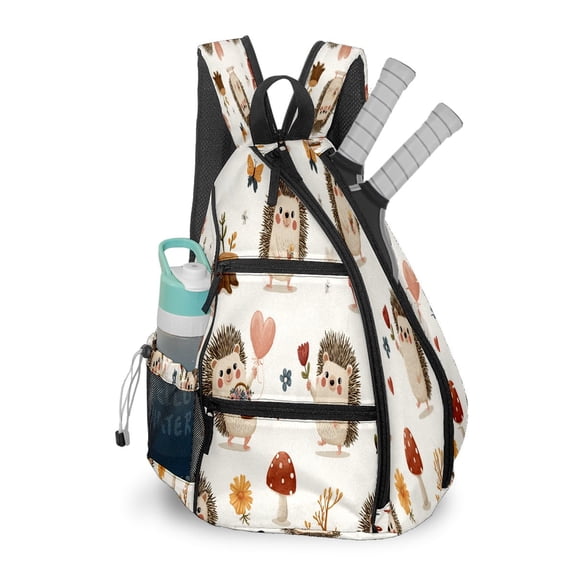 Pickleball Bag with Padded Back, Hedgehog Cartoon Beige Multi-Compartment Paddle Backpack, Lightweight Nylon Sports Bag for Men & Women