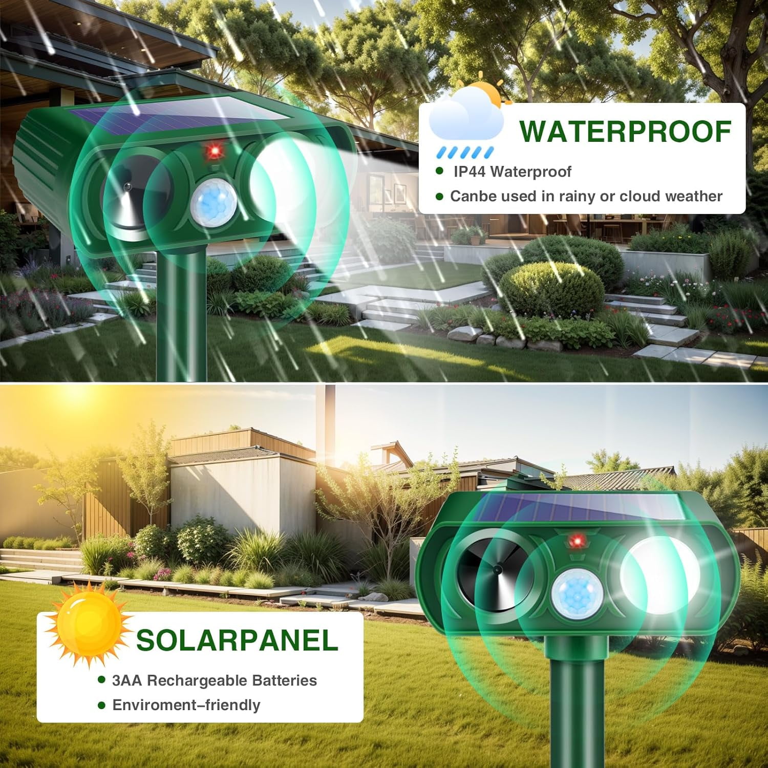 4-Pack Solar Ultrasonic Animal Repellent with Motion Sensor & Flashing Light, Outdoor Pest Deterrent for Deer, Cats, Rabbits, Squirrels, Raccoons - Protect Yard, Garden, Lawn