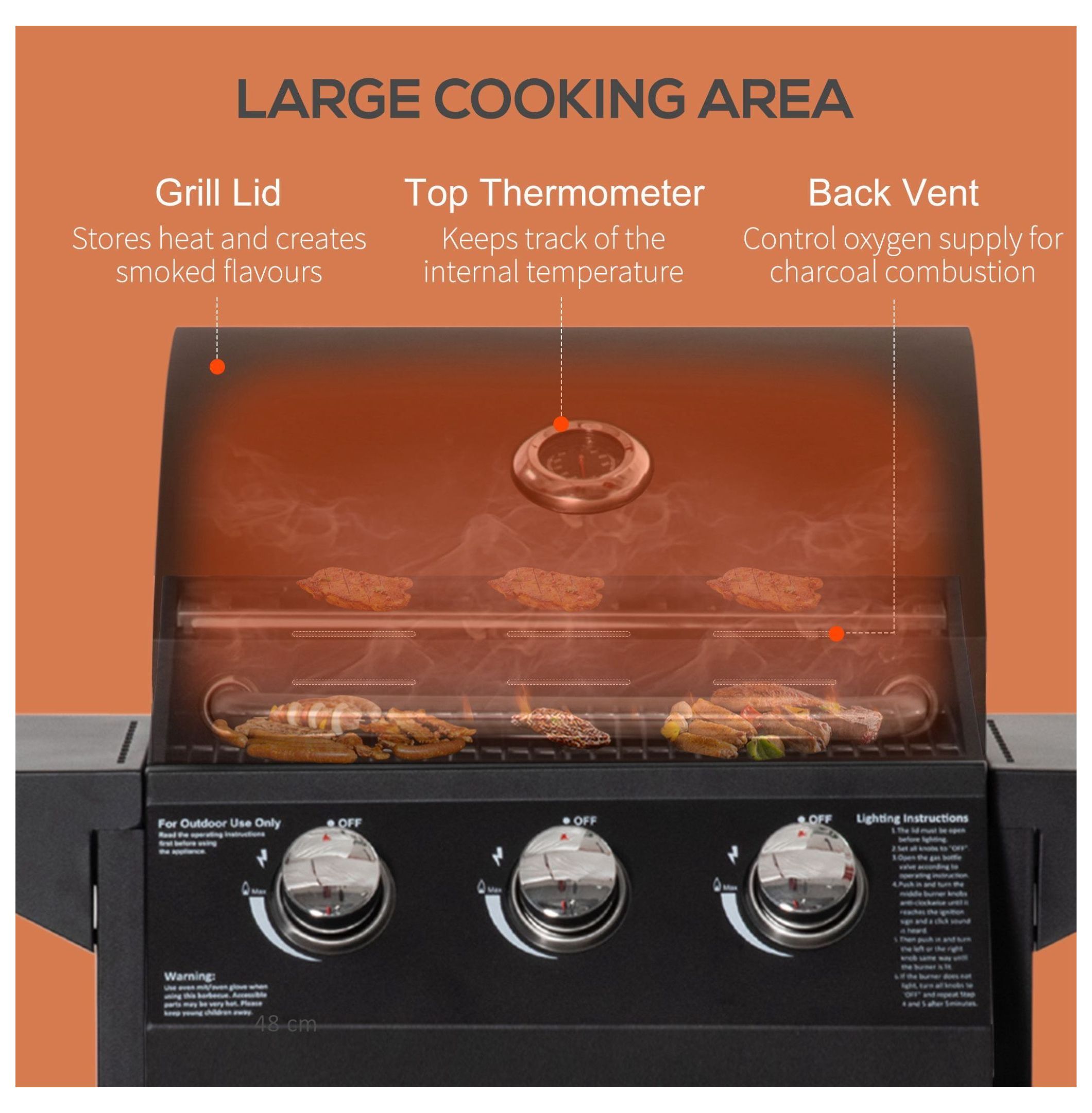 3 Burner Gas Grill Portable BBQ Trolley with Wheels Black - Outdoor Propane Grill for Patio & Camping