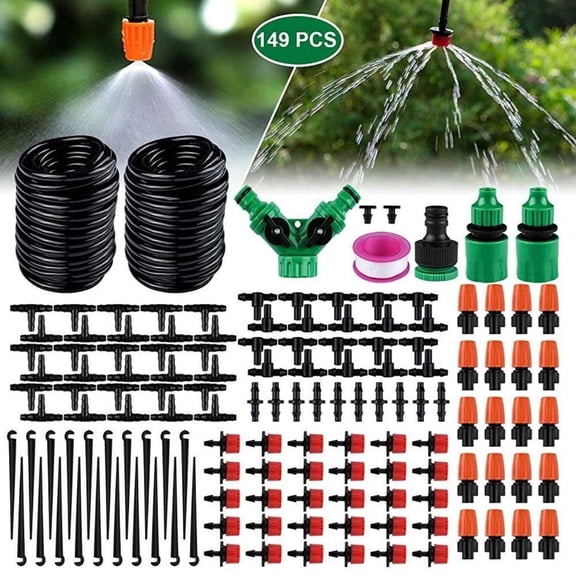 ‌Drip Irrigation Kit 100ft - Adjustable Plant Watering System with Filter, 1/4" Tubing & Stakes for Raised Beds & Greenhouses‌