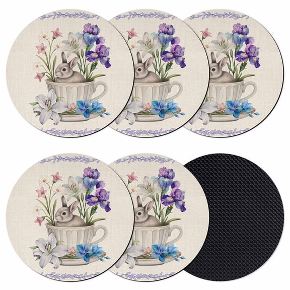 Spring Easter Coasters Set of 6, Absorbent Coasters for Drinks, Retro Rabbit Cup Botanical Purple Leaves Coaster for Desk Coffee Table Protection, Home Decor House Warming Gifts 4"