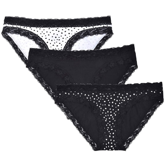 Donna Loren Women's Floral Lace Trim Bikini Panties, 3-Piece Set, Dot/Black/Dot, XL