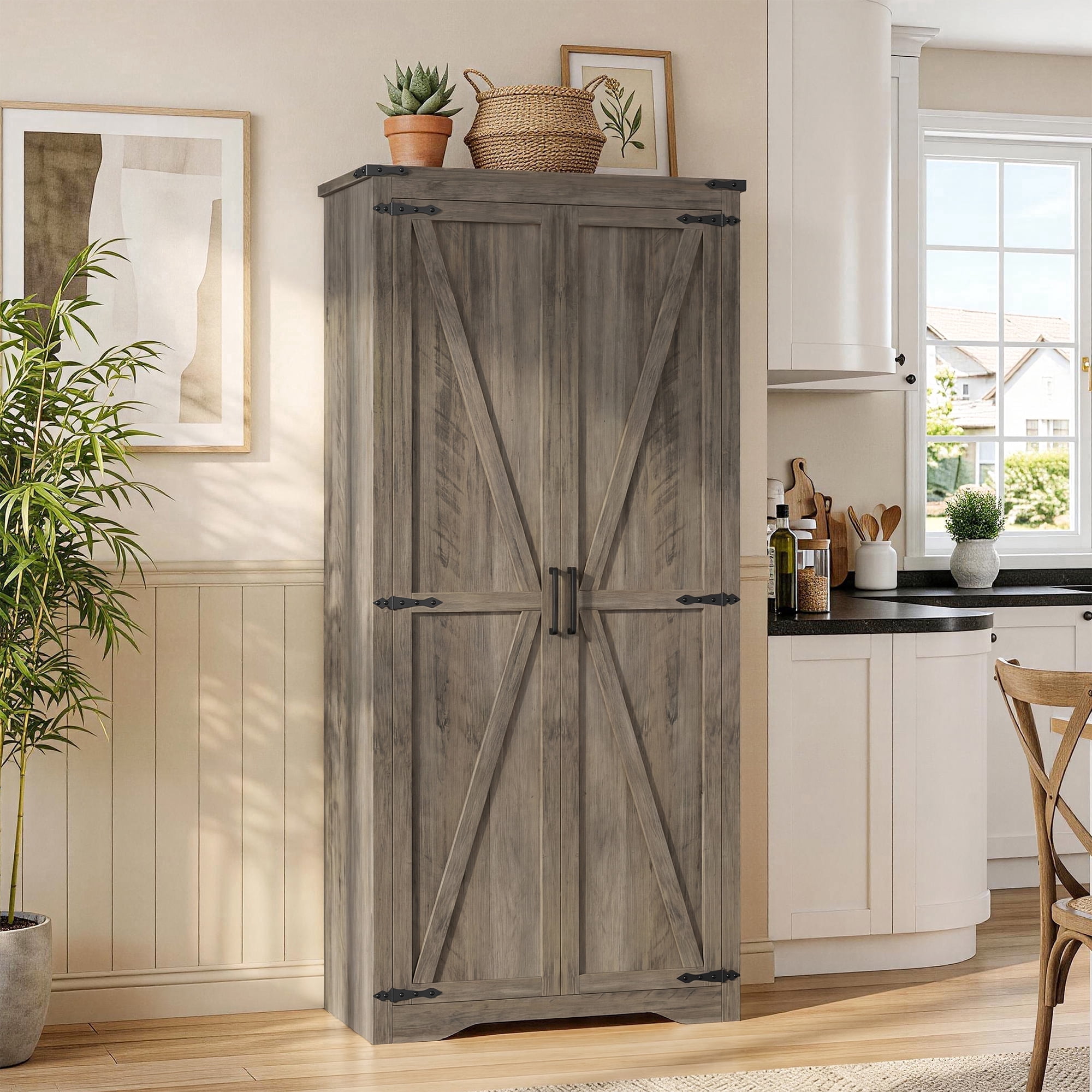 72" H Farmhouse Storage Cabinet with Adjustable Shelves, Large Pantry Organize with 2 Barn Doors, Tall Freestanding Cabinet for Kitchen, Bathroom/Garage/Basement/Living/Utility Room