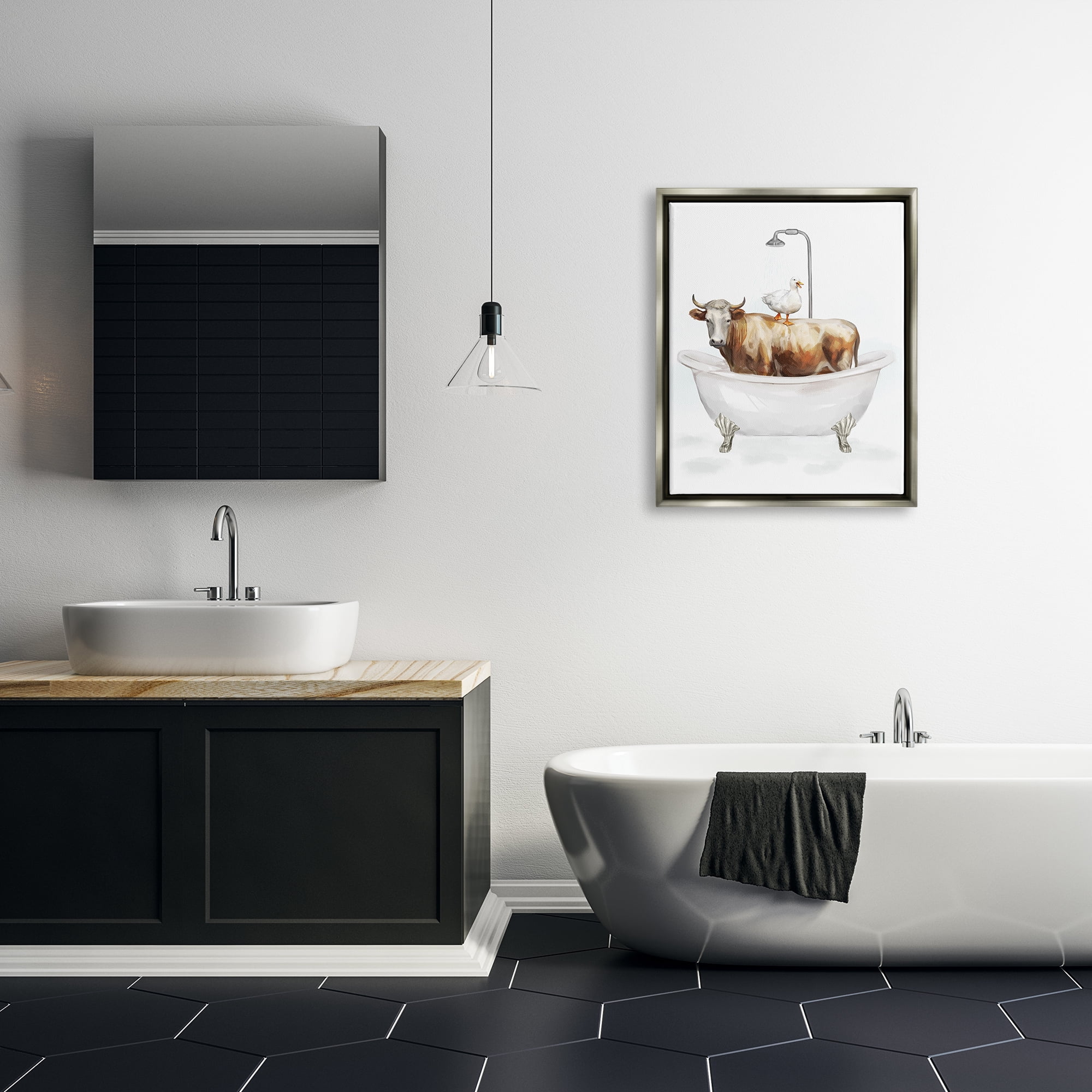 Stupell Industries Farm Animals Bathtub Animals & Insects Painting Gray Floater Framed Canvas Art Print Wall Art, 25 x 31