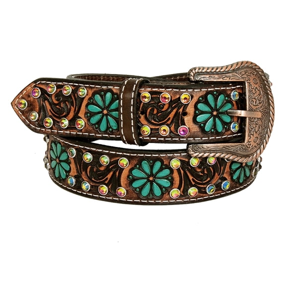 BE BAR H EQUINE Turquoise Flower Hand Carved Western Leather Men And Women Belt Brown
