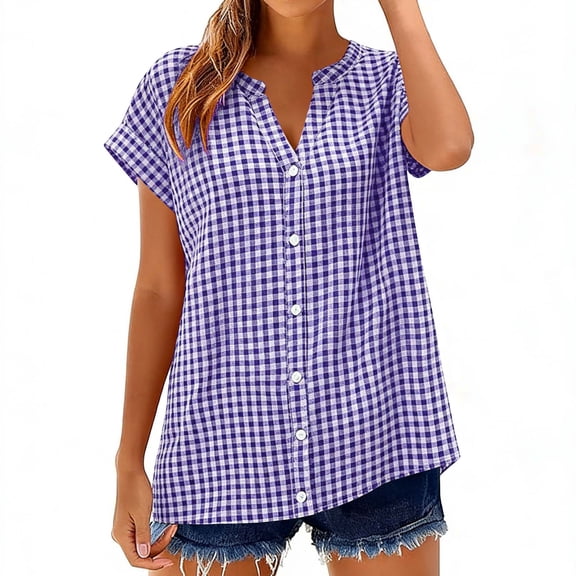GUACER Casual Blouses for Women Short Sleeve Cotton Linen Gingham Plaid V Neck Loose Button Trendy T Shirts