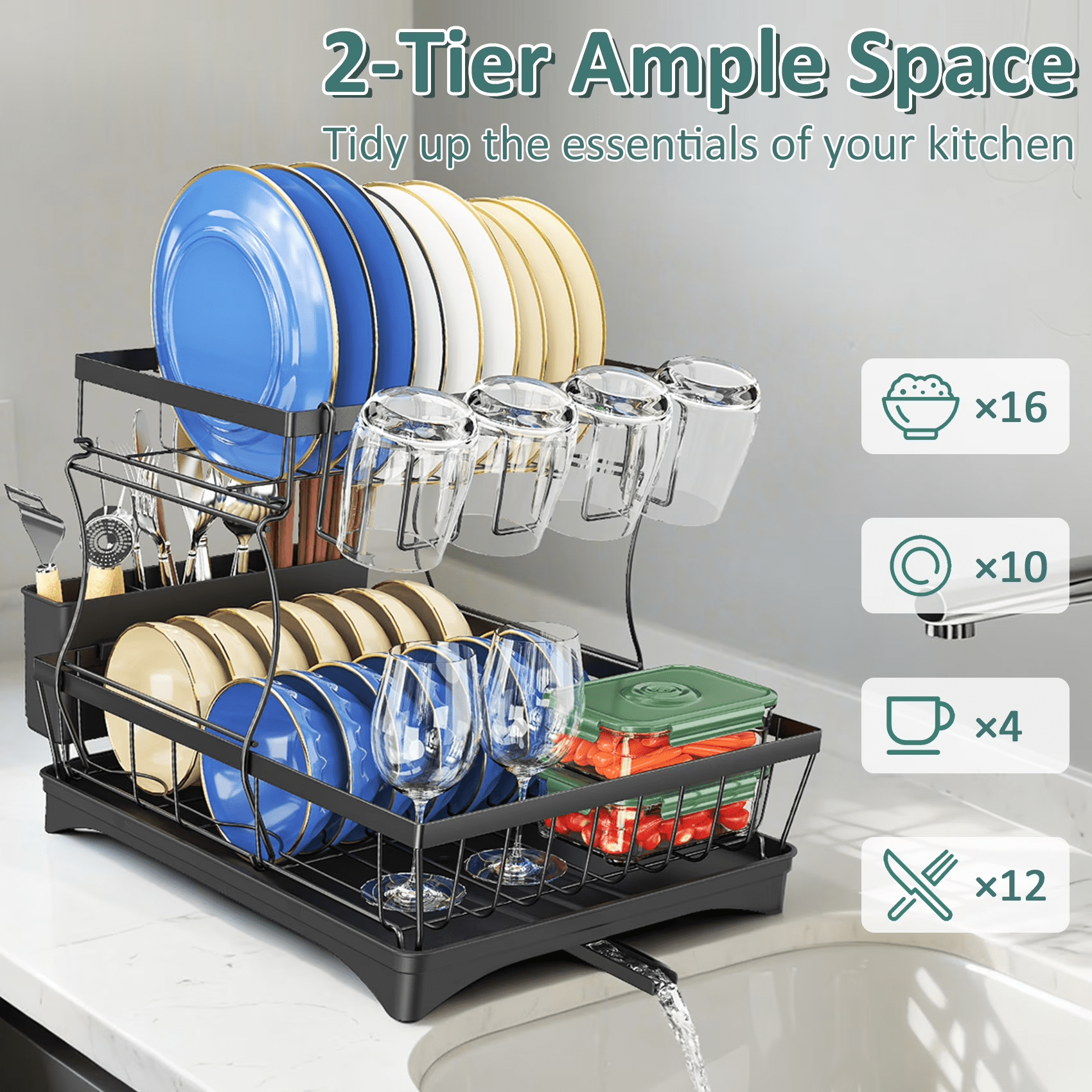 Glovv Over the Sink Dish Drying Rack, 2-Tier Collapsible Dish Racks for Kitchen Counter, Dish Drainer Kitchen Sink Organizer with Auto Drainage System, Black