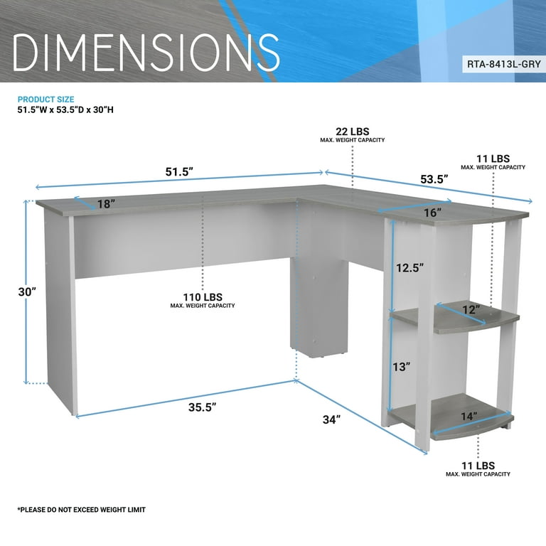 Techni Mobili Modern L-Shaped Desk with Side Shelves, Grey | Loungesessel