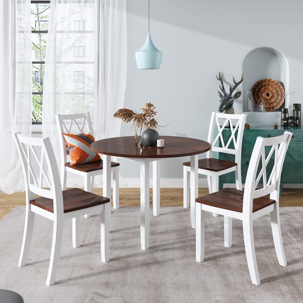 5 Piece Pub Dining Set, Round Drop Leaf Kitchen Table and Chairs Set ...