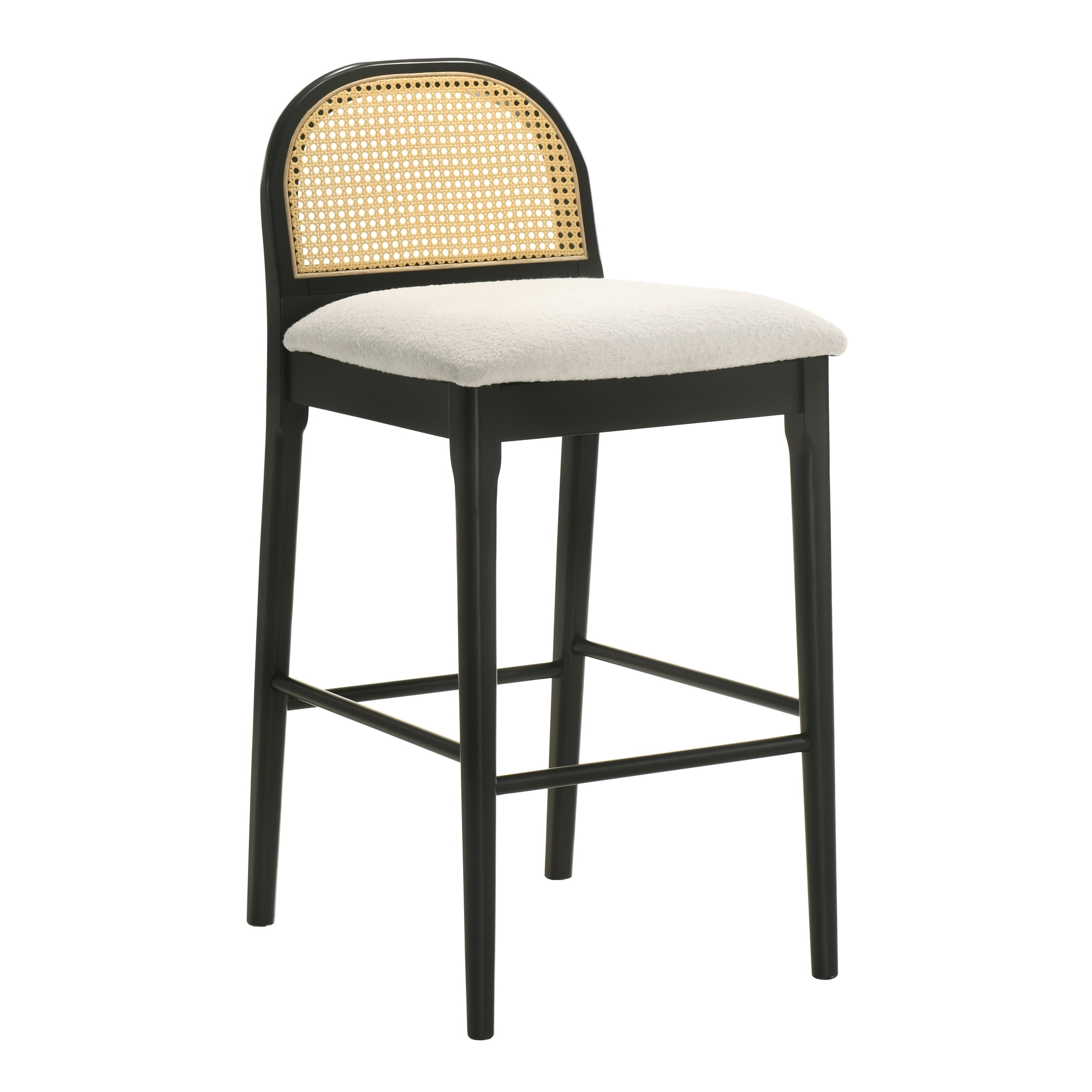 Lucio Modern Farmhouse Wood Bar Height Kitchen Bar Stool in Black Finish with White Boucle Fabric Upholstered Seat - Set of 3