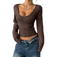 thumbnail image 3 of Women Deep V Neck Knitted Crop Sweater Top Casual Solid Slim Fit Long Sleeve Ribbed Pullover Jumper Tops Brown XS, 3 of 9