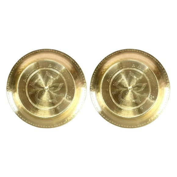 Set Of 2 Handmade Brass Thali - Plate | Bronze Brass Utensils - Unique Flower Pattern & Traditional Black Look