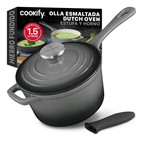 Olla de Hierro Fundido Esmaltado para Horno y Estufa Cookify (Gris, 17 cm, Capacidad 1.5 Litros)