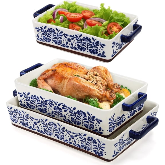 3 Pack Rectangular Ceramic Baking Dish Set for Oven, Hand-Painted Floral Design Non-Stick and Stackable Casserole Dish with Handles for Kitchen, Banquet and Daily Use