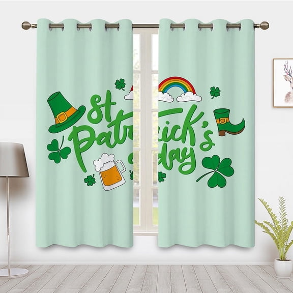 St. Patrick's Day Curtains, Green Irish Lucky Clover Print Curtains, Green Hat Print Curtains, Blackout Curtains for Room Bedroom Decoration(Grommet)