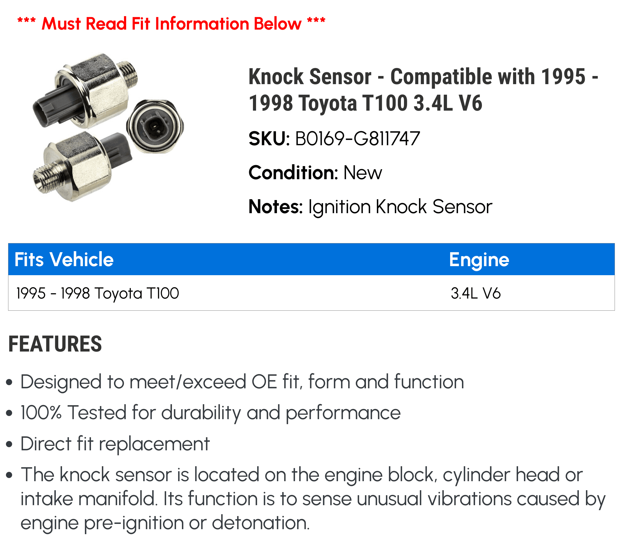 Knock Sensor - Compatible with 1995 - 1998 Toyota T100 3.4L V6 1996 1997
