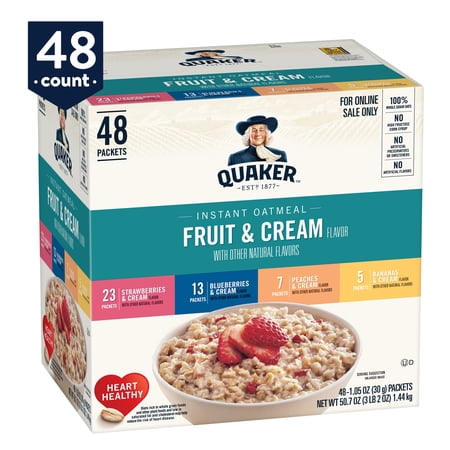 Quaker Instant Oatmeal, Fruit & Cream 4 Flavor Variety Pack, Individual Packets, 48 Count
