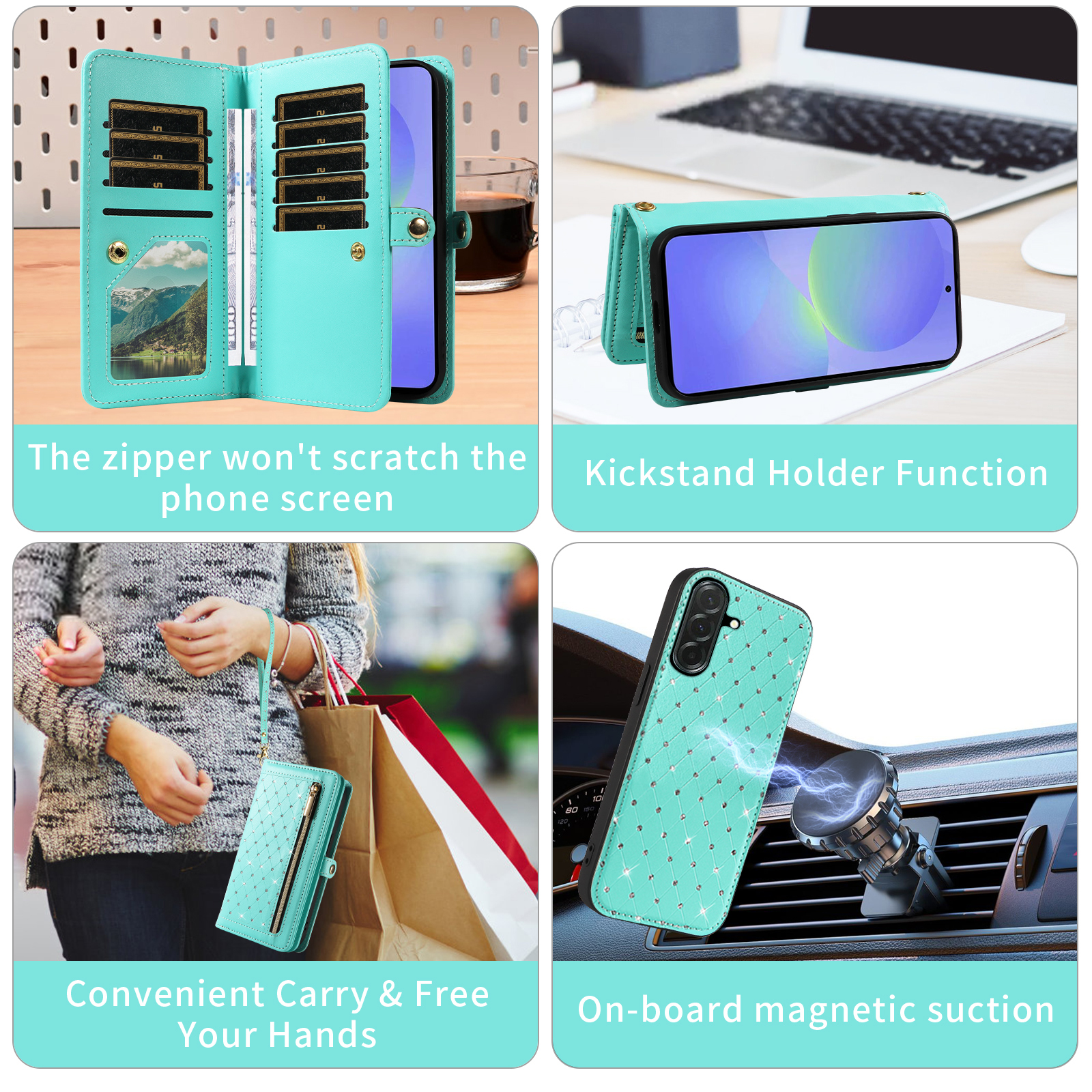 Asuwish Phone Case for Samsung Galaxy A16 5G/4G Zipper Wallet Detachable Cell Cover with Tempered Glass Screen Protector Crossbody Lanyard Strap Bling Glitter Flip Card Holder Slot SM-A 16 16A Green