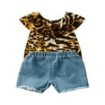 thumbnail image 2 of Toddler Girls 2Pc Summer Clothes Leopard Print Ruffle Tops + Denim Shorts Little Girl Outfit Set, 2 of 6