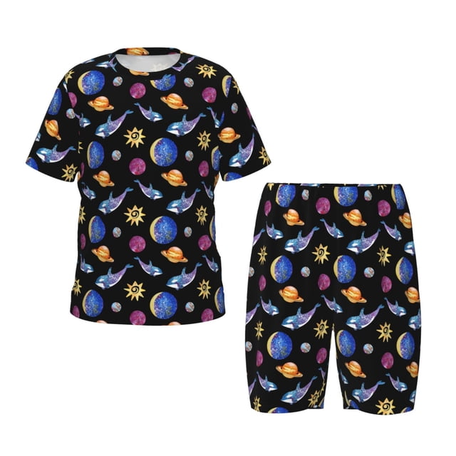 Balery Whales In Space Conjunto de Pijama Infantil de Manga Corta con Estampado – Ropa de Dormir de Algodón Suave-Large