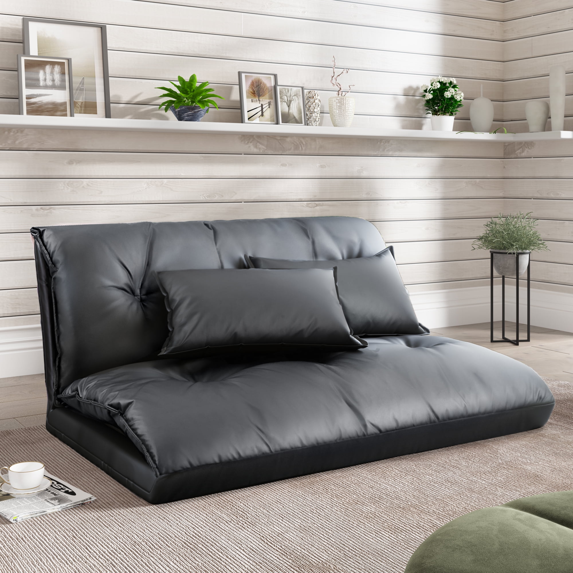Gewnee Folding Leisure Sofa Bed, PU Leather Floor Couch, Lazy Sofa