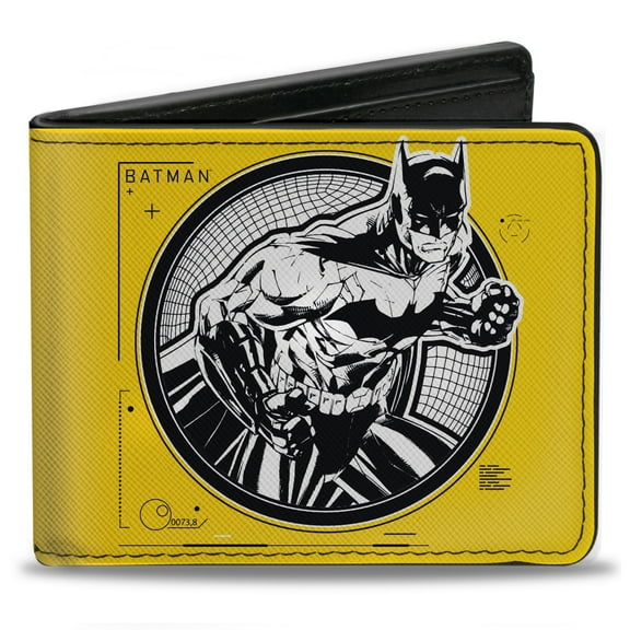 DC Comics Wallet, Bifold, Batman Tech Action Pose Bat Logo Yellow Black White, Vegan Leather