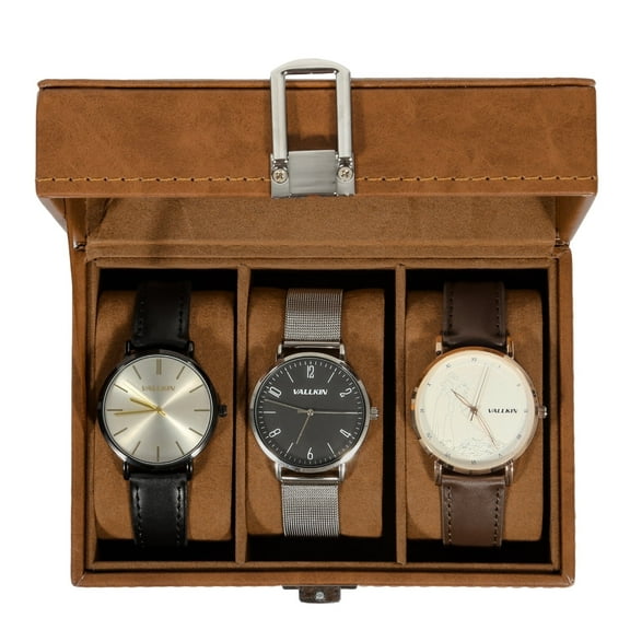 Uten 3-Slot Watch Box Organizer for Men, PU Leather Watch Display Organizer with Glass Top and Removable Soft Pillows & Velvet Lining, Brown