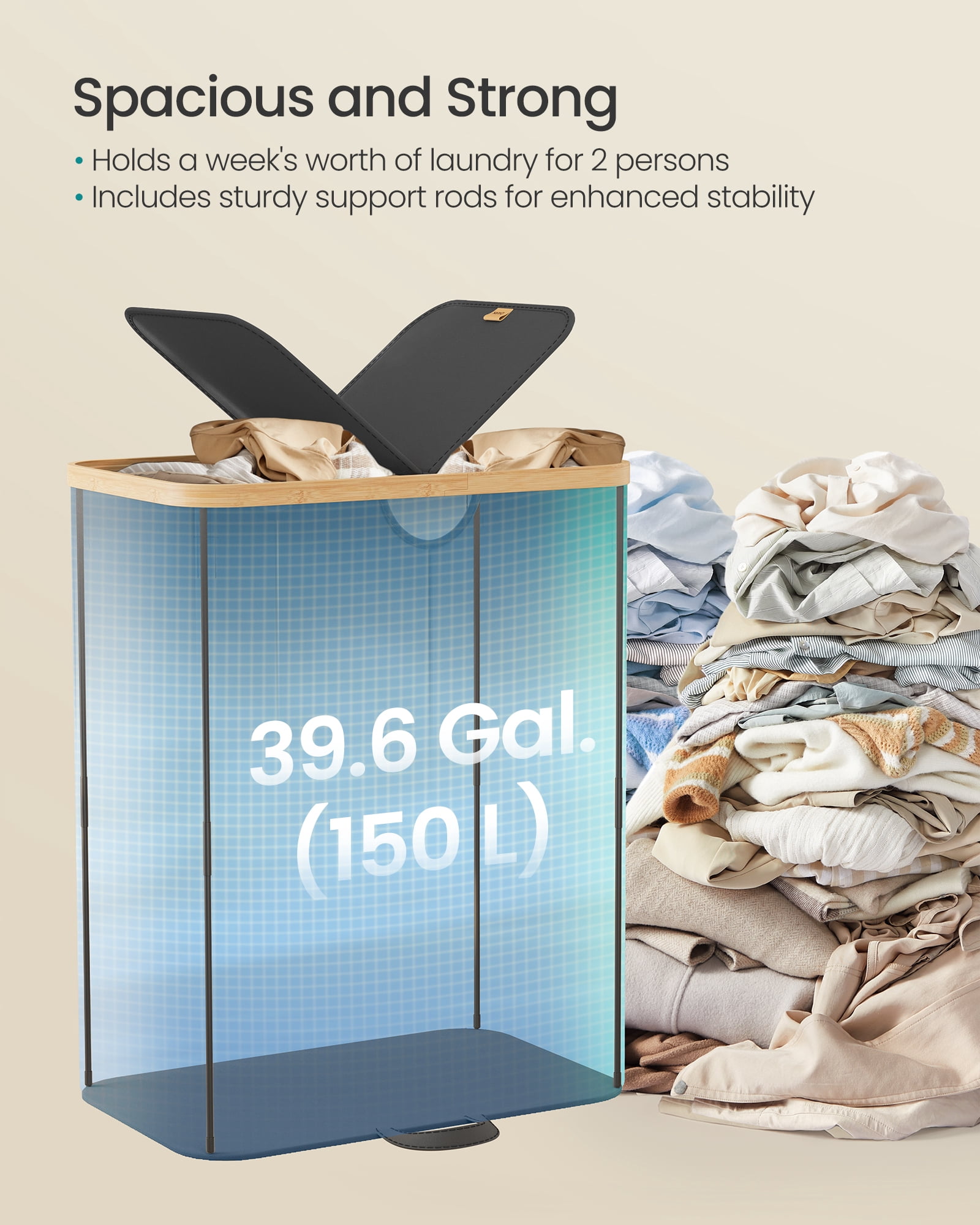 SONGMICS Laundry Hamper with Lids, Laundry Basket with 2 Compartments, 39 Gal. (150 L), Removable Liner Bag, Ink Black and Light Bamboo