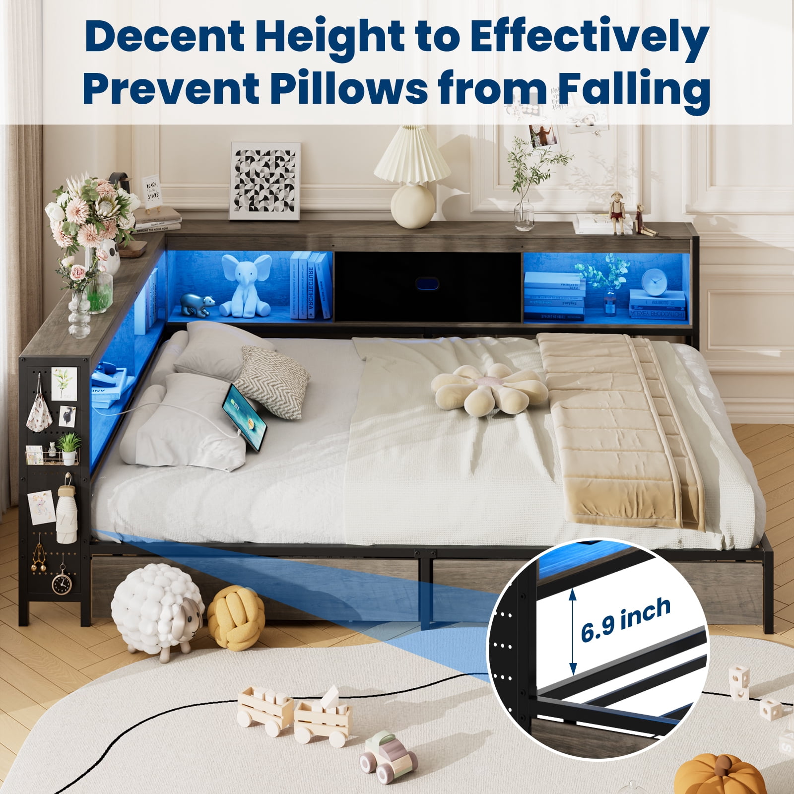Lusimo Full Corner Bed Frame with Bookcase Storage and LED Lights & Charging Station, Metal Platform Bed Frame with Storage Drawers Underneath for Bedroom, Gray