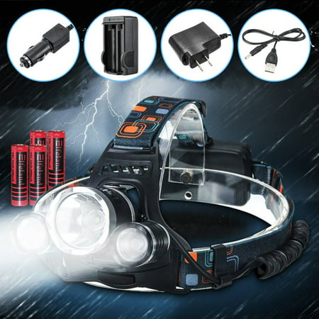 5000Lm 3x T6 LED Rechargeable Headlamp Headlight Torch Lamp headlightsamplight Lantern Waterproof 3 Modes + 2x18650 Battery + AC/ Car Chargeing Plug + USB Charging Cable For Camping