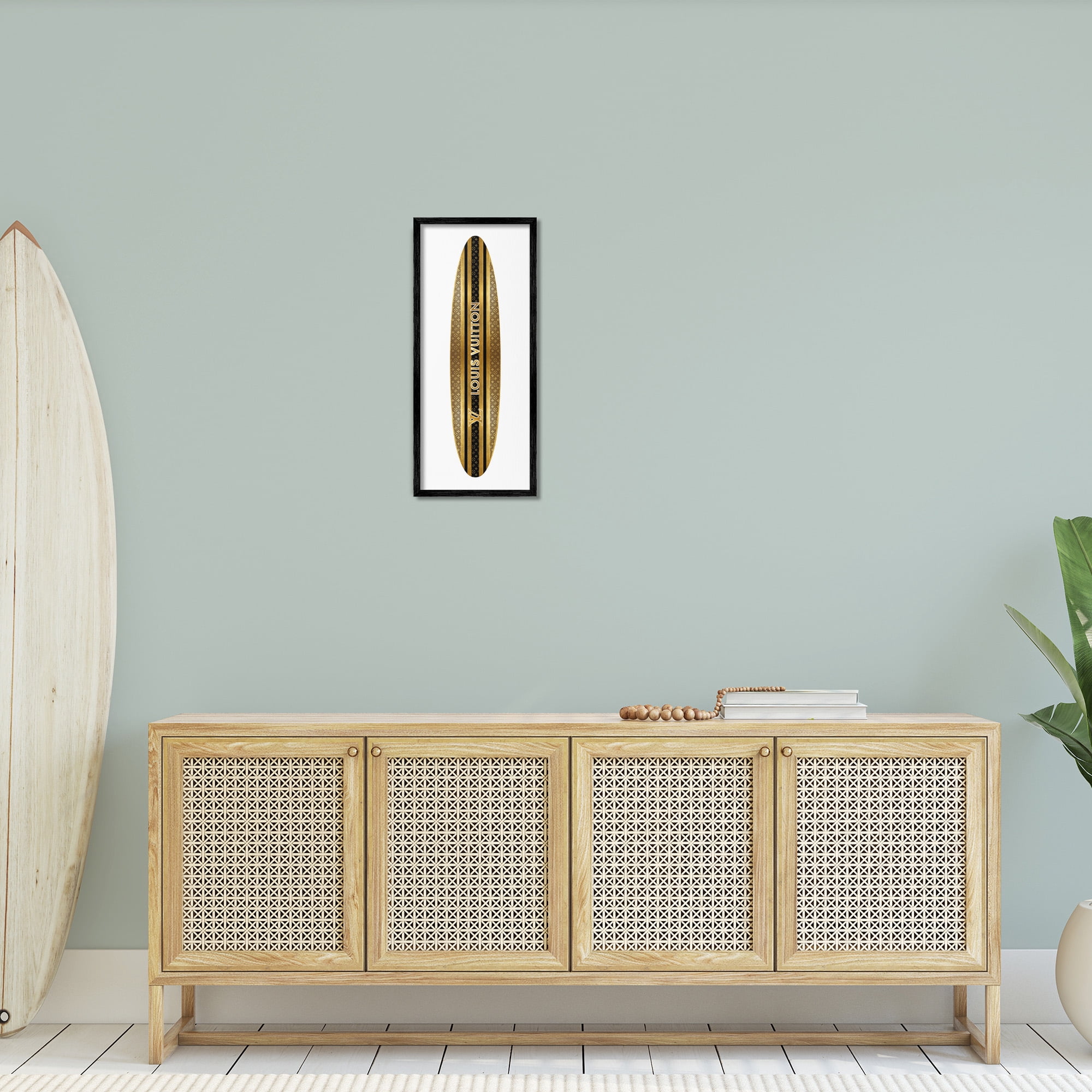 Stupell Industries Glam Striped Surfboard Nature Painting Black Framed Art Print Wall Art, 10 x 24