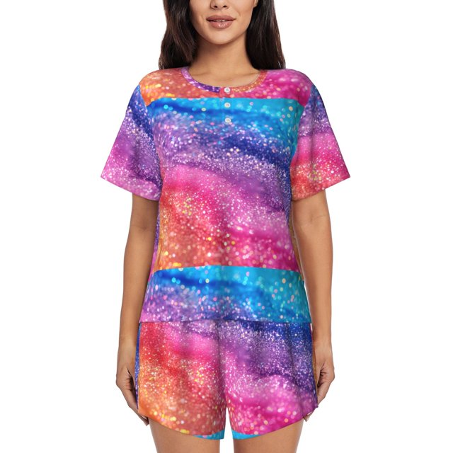Fotbe Rainbow Glitter Cute Conjunto de Pijama Estampado para Mujer, 2 Piezas, Ropa de Dormir con Camiseta de Manga Corta y Shorts Suaves-X-Large
