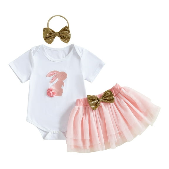Okbabeha Newborn Infant Baby Girl Easter Outfit Short Sleeve Romper Bodysuit and Tulle Tutu Skirt Headband 0-18M