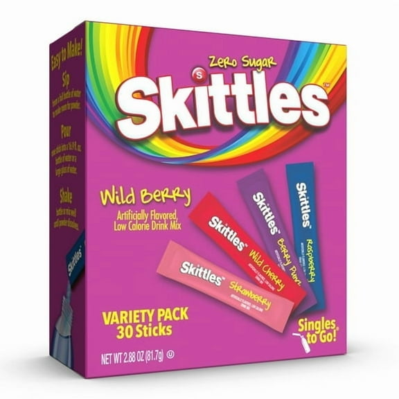 Skittles Zero Sugar Wild Berry Singles-to-Go Packs, Powdered Drink Mix, 2.88 oz, 30 Count Packets