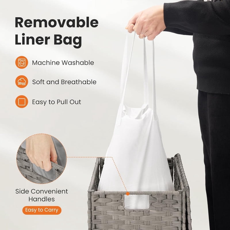 Simenmax 90L Foldable Laundry Hamper with Lid, Woven Laundry Basket with Removable Washable Liner, Rattan Clothes Hamper Sturdy Steel Frame Rattan Basket, Gray