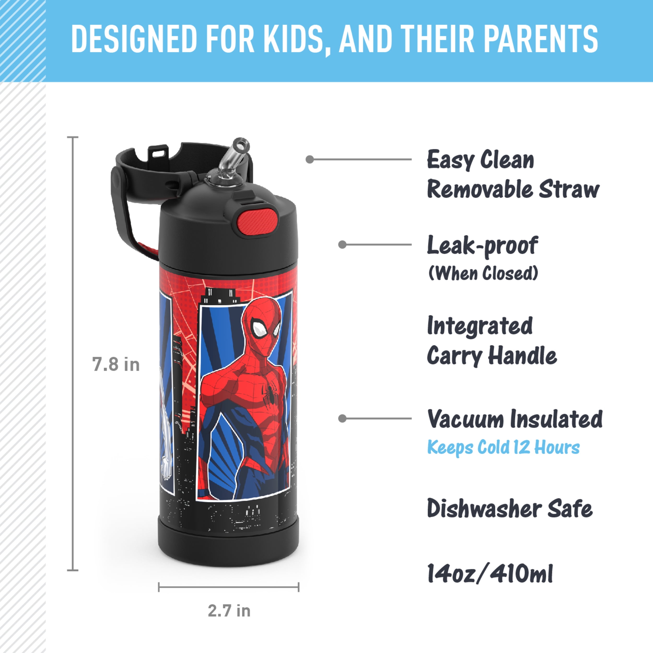 Thermos Kids Stainless Steel Funtainer Water Bottle with Straw, Dishwasher Safe, Leak Proof, Spiderman, 14 oz
