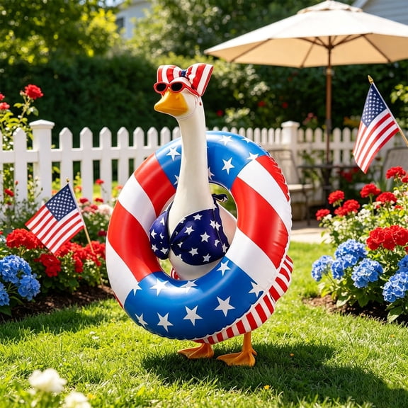 USA Flag Porch Goose Costume Set,23Inch Swimsuit and Swimming Ring,for 4th of July Independence Day and Summer Decors