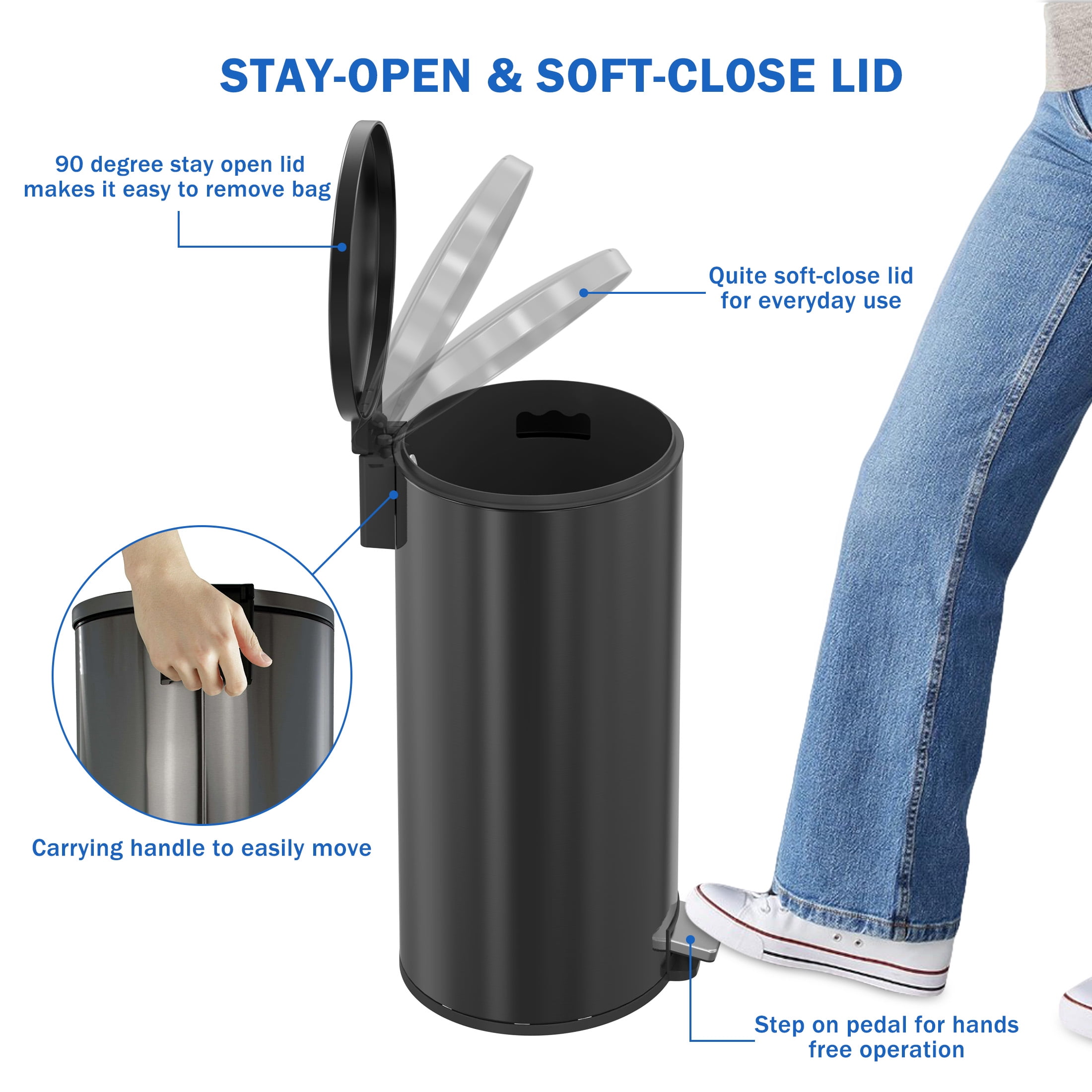 Better Homes & Gardens Kitchen Trash Can, 10.5 Gallon Stainless Steel Oval Step Garbage Bin with Soft Close Lid, Black