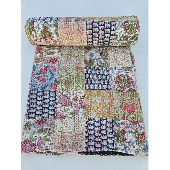 Assorted Patchwork Kantha Reversible Floral Print Patchwork Cotton Quilt Handblock Print floral Kantha Indian Netural Colour bedding