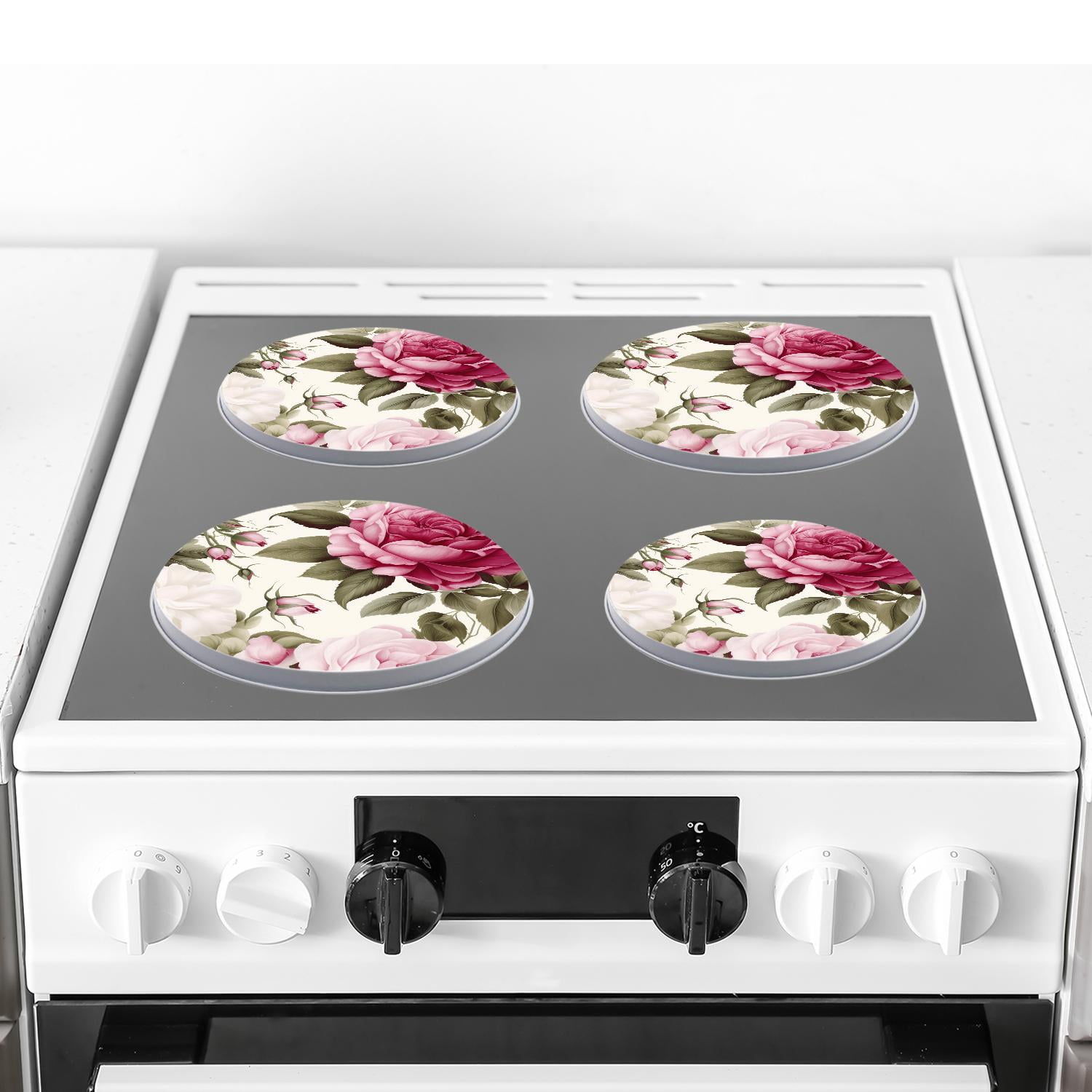 Round Stove Burner Covers 4 Pcs Metal Electric Stove Burner Covers 8Inch And 10Inch ,Pink Rose Flowers Floral colorful