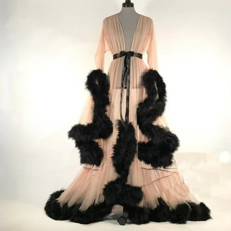 

PGE Women Fashion Tulle Robe Long Lingerie Nightgown Bathrobe Sleepwear Feather Bridal Robe Lace Lingerie