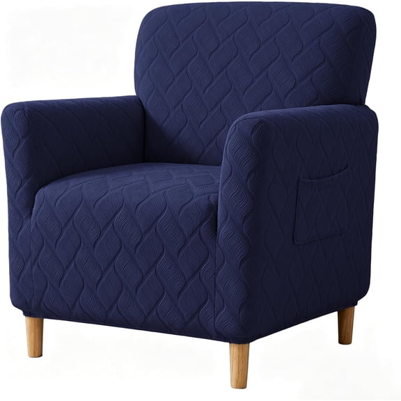 Stretch Mid Century Modern Armchair Slipcover 1-Piece Jacquard Accent Chair Covers with Arms Soft Waterproof Chair Slipcovers for Living Room Furniture Protector Office (Navy Blue-03)